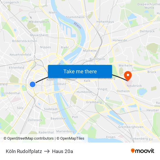 Köln Rudolfplatz to Haus 20a map