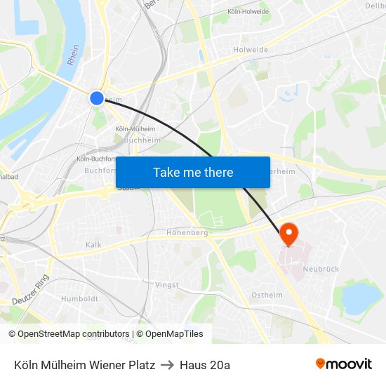 Köln Mülheim Wiener Platz to Haus 20a map