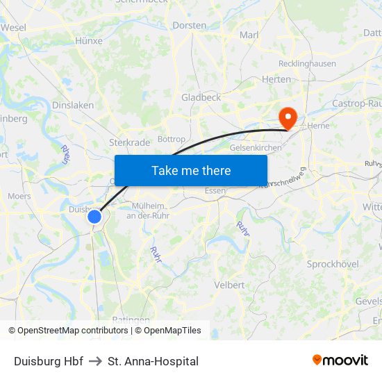 Duisburg Hbf to St. Anna-Hospital map