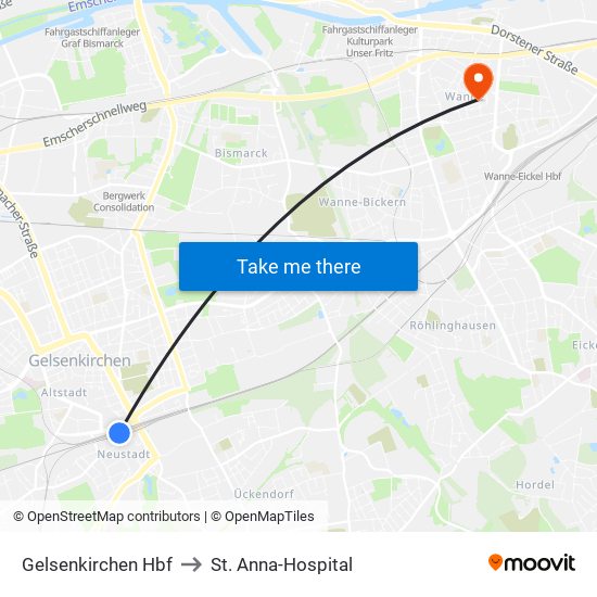 Gelsenkirchen Hbf to St. Anna-Hospital map