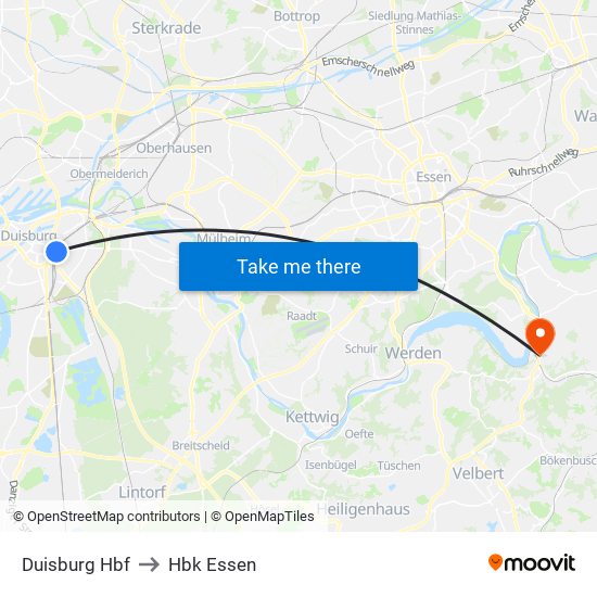 Duisburg Hbf to Hbk Essen map