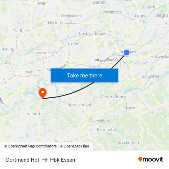 Dortmund Hbf to Hbk Essen map