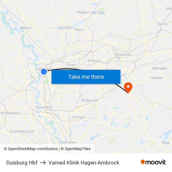 Duisburg Hbf to Vamed Klinik Hagen-Ambrock map