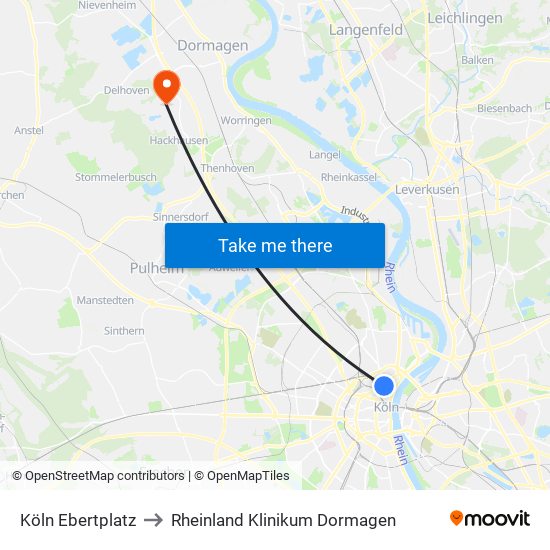 Köln Ebertplatz to Rheinland Klinikum Dormagen map