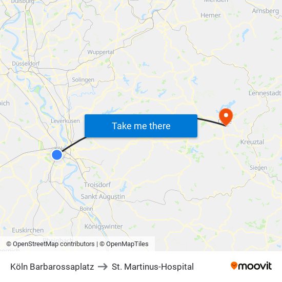 Köln Barbarossaplatz to St. Martinus-Hospital map