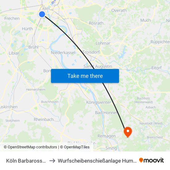 Köln Barbarossaplatz to Wurfscheibenschießanlage Hummelsberg map