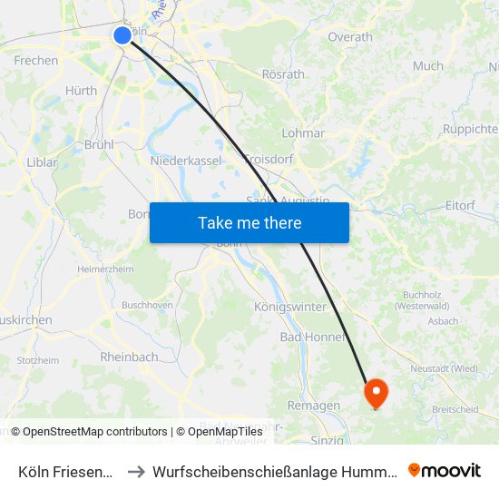 Köln Friesenplatz to Wurfscheibenschießanlage Hummelsberg map