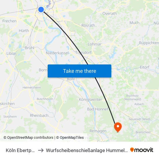 Köln Ebertplatz to Wurfscheibenschießanlage Hummelsberg map