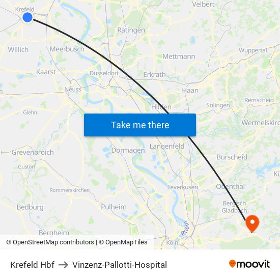 Krefeld Hbf to Vinzenz-Pallotti-Hospital map