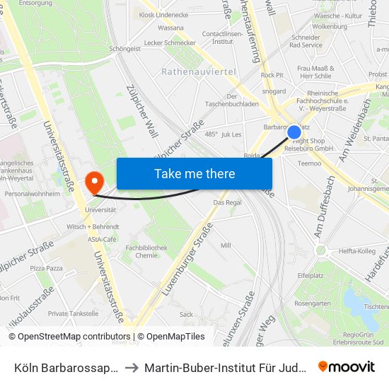 Köln Barbarossaplatz to Martin-Buber-Institut Für Judaistik map