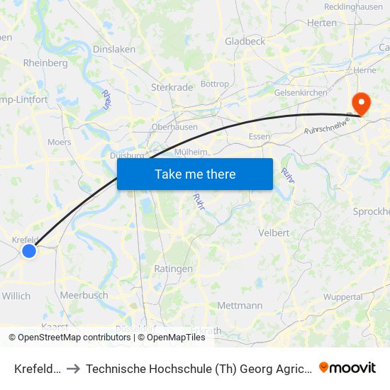 Krefeld Hbf to Technische Hochschule (Th) Georg Agricola Zu Bochum map