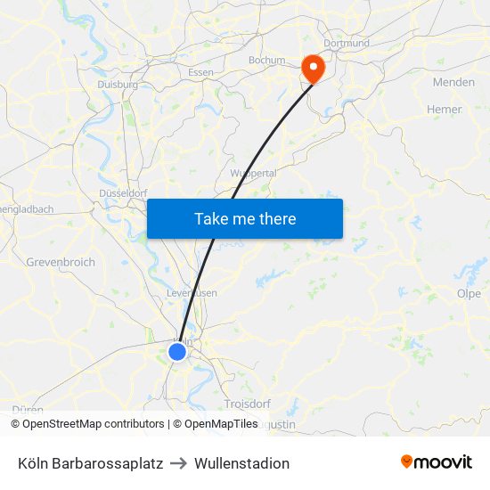 Köln Barbarossaplatz to Wullenstadion map