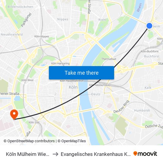Köln Mülheim Wiener Platz to Evangelisches Krankenhaus Köln-Weyertal map