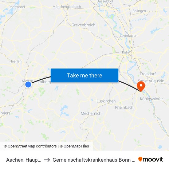 Aachen, Hauptbahnhof to Gemeinschaftskrankenhaus Bonn Haus Sankt Petrus map