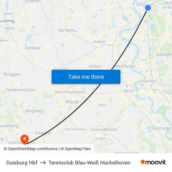 Duisburg Hbf to Tennisclub Blau-Weiß Hückelhoven map