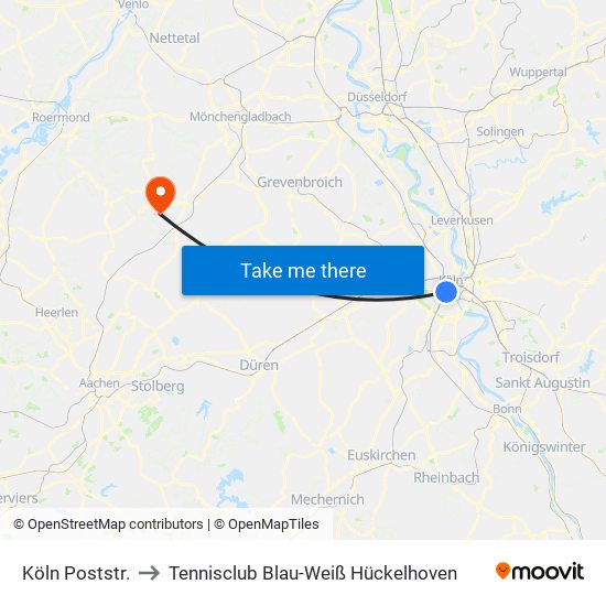 Köln Poststr. to Tennisclub Blau-Weiß Hückelhoven map