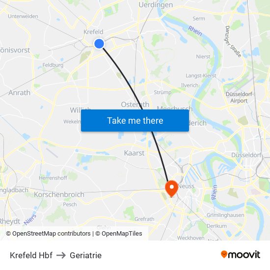 Krefeld Hbf to Geriatrie map