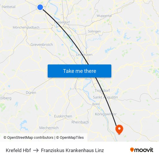 Krefeld Hbf to Franziskus Krankenhaus Linz map