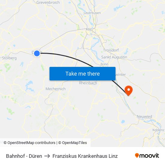 Bahnhof - Düren to Franziskus Krankenhaus Linz map