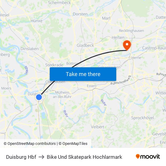 Duisburg Hbf to Bike Und Skatepark Hochlarmark map