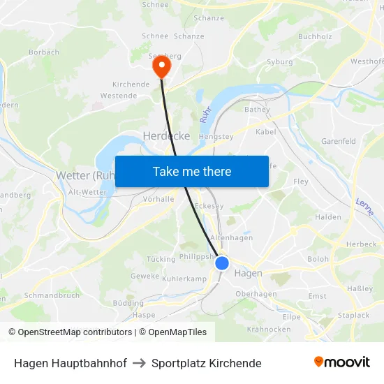 Hagen Hauptbahnhof to Sportplatz Kirchende map