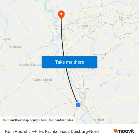 Köln Poststr. to Ev. Krankenhaus Duisburg-Nord map