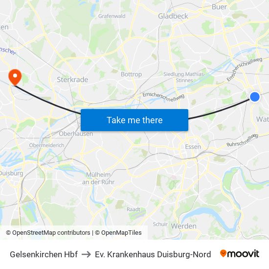 Gelsenkirchen Hbf to Ev. Krankenhaus Duisburg-Nord map