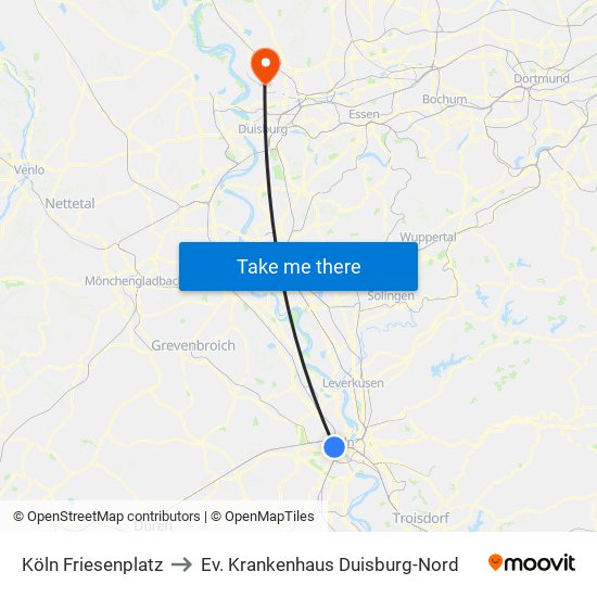 Köln Friesenplatz to Ev. Krankenhaus Duisburg-Nord map