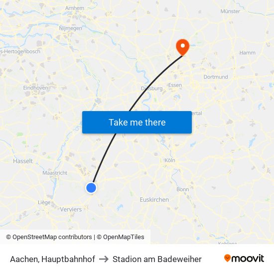 Aachen, Hauptbahnhof to Stadion am Badeweiher map