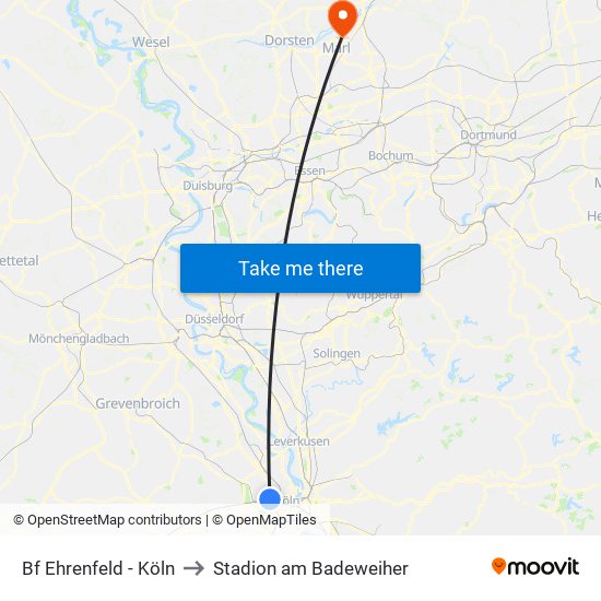 Bf Ehrenfeld - Köln to Stadion am Badeweiher map