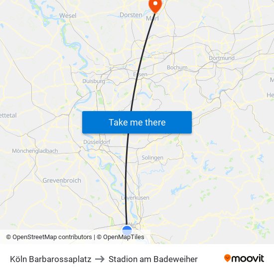 Köln Barbarossaplatz to Stadion am Badeweiher map