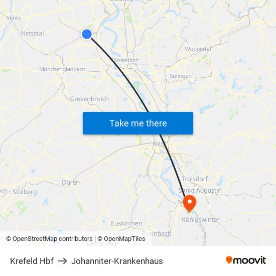 Krefeld Hbf to Johanniter-Krankenhaus map