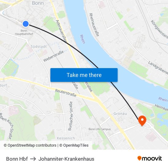 Bonn Hbf to Johanniter-Krankenhaus map