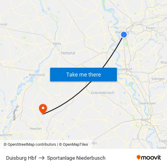 Duisburg Hbf to Sportanlage Niederbusch map