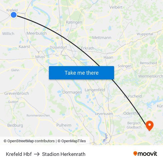 Krefeld Hbf to Stadion Herkenrath map