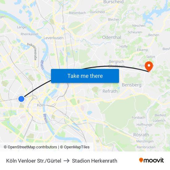 Köln Venloer Str./Gürtel to Stadion Herkenrath map