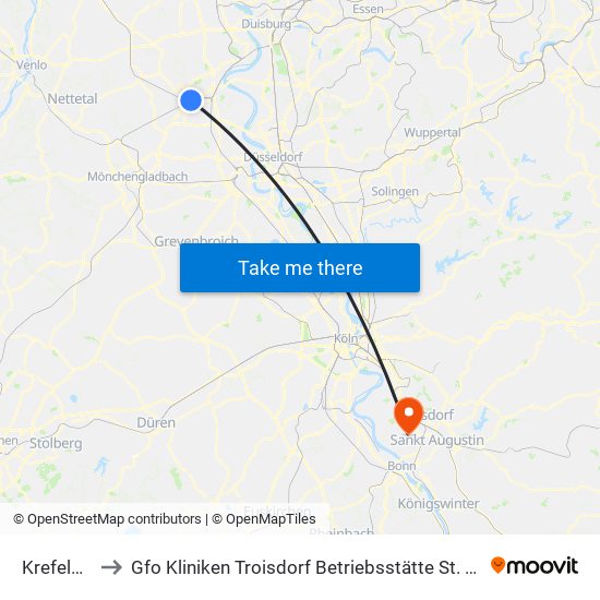 Krefeld Hbf to Gfo Kliniken Troisdorf Betriebsstätte St. Johannes Sieglar map