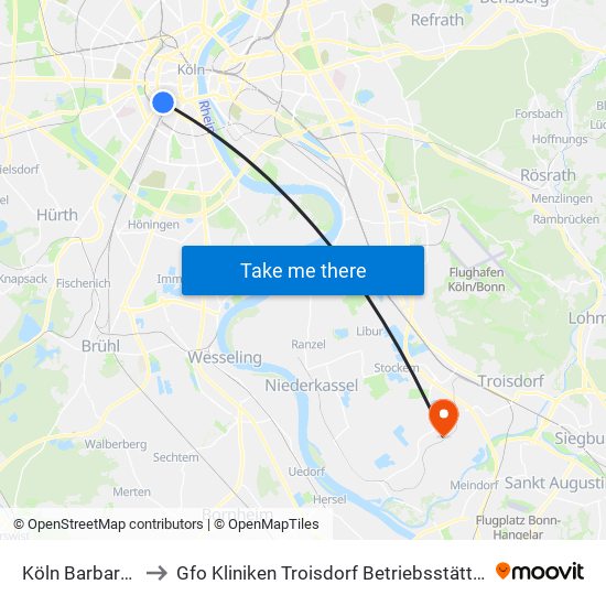 Köln Barbarossaplatz to Gfo Kliniken Troisdorf Betriebsstätte St. Johannes Sieglar map