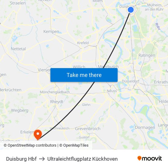 Duisburg Hbf to Ultraleichtflugplatz Kückhoven map