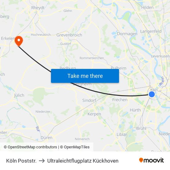 Köln Poststr. to Ultraleichtflugplatz Kückhoven map