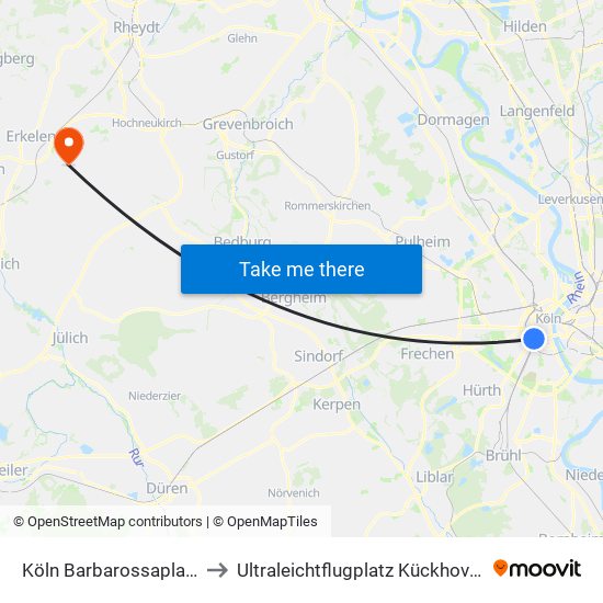 Köln Barbarossaplatz to Ultraleichtflugplatz Kückhoven map