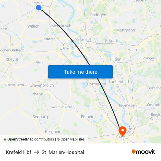 Krefeld Hbf to St. Marien-Hospital map