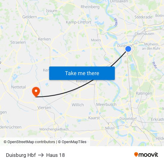 Duisburg Hbf to Haus 18 map