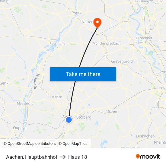 Aachen, Hauptbahnhof to Haus 18 map