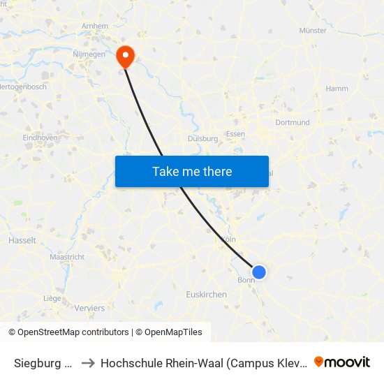 Siegburg Bf to Hochschule Rhein-Waal (Campus Kleve) map