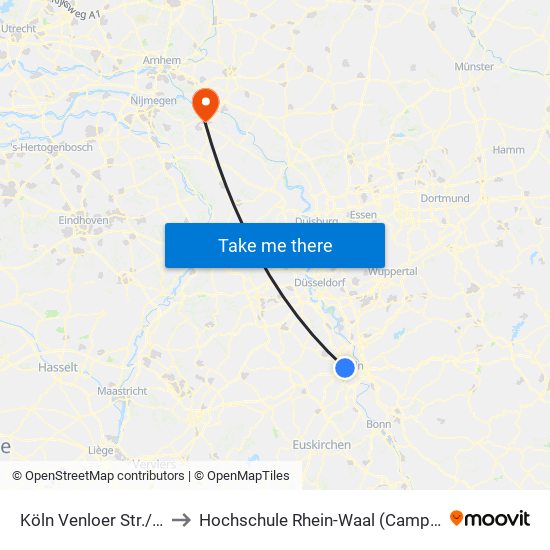 Köln Venloer Str./Gürtel to Hochschule Rhein-Waal (Campus Kleve) map