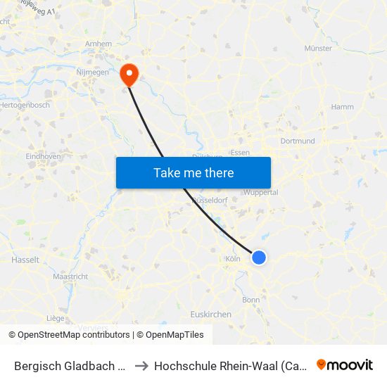 Bergisch Gladbach Bensberg to Hochschule Rhein-Waal (Campus Kleve) map