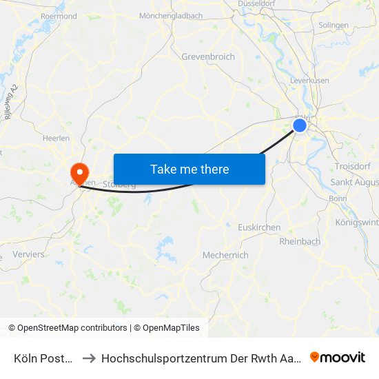 Köln Poststr. to Hochschulsportzentrum Der Rwth Aachen map