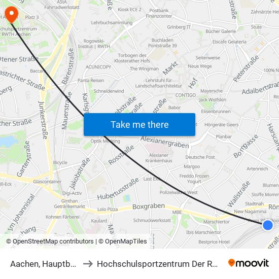 Aachen, Hauptbahnhof to Hochschulsportzentrum Der Rwth Aachen map