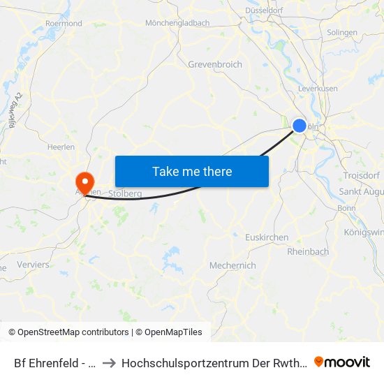 Bf Ehrenfeld - Köln to Hochschulsportzentrum Der Rwth Aachen map